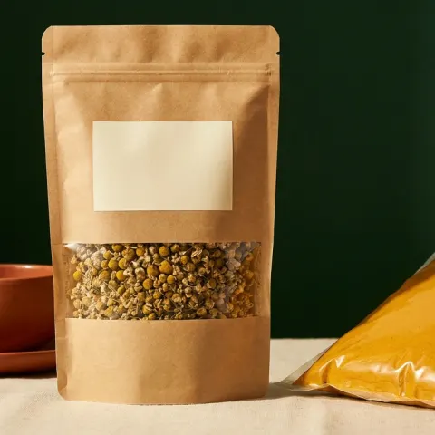 Pouch que fica de pé na prateleira, com espaço para a etiqueta da sua marca